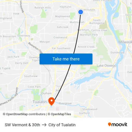 SW Vermont & 30th to City of Tualatin map