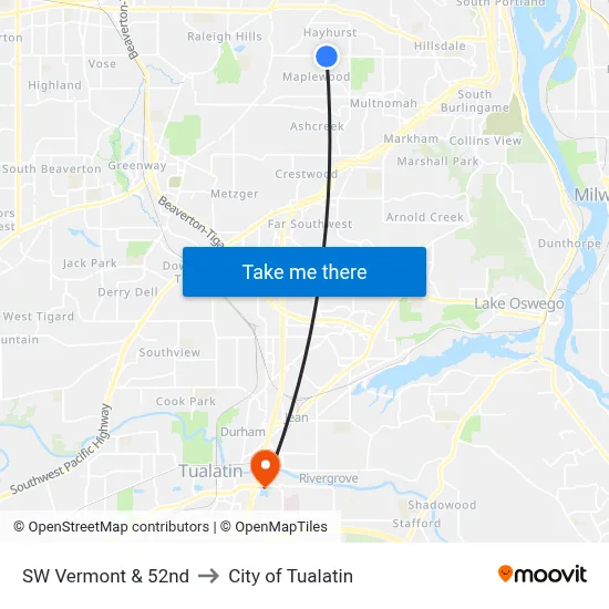 SW Vermont & 52nd to City of Tualatin map