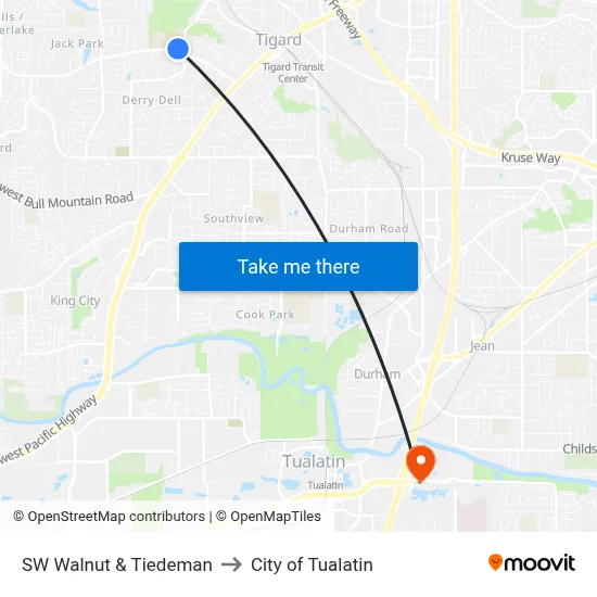 SW Walnut & Tiedeman to City of Tualatin map