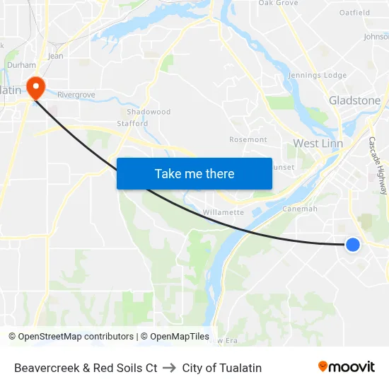 Beavercreek & Red Soils Ct to City of Tualatin map