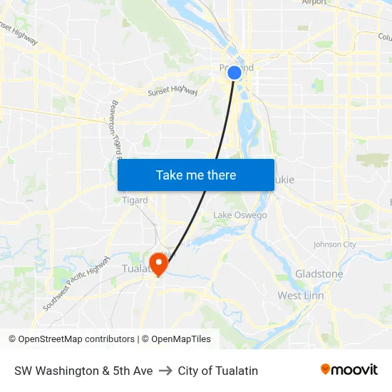 SW Washington & 5th Ave to City of Tualatin map