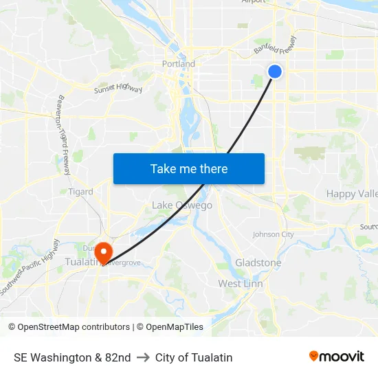 SE Washington & 82nd to City of Tualatin map