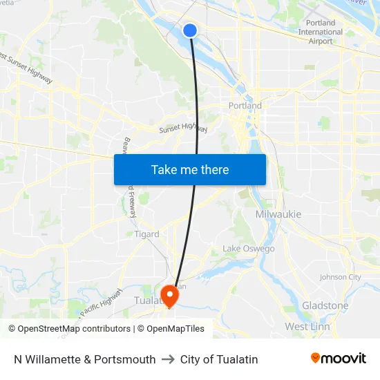 N Willamette & Portsmouth to City of Tualatin map