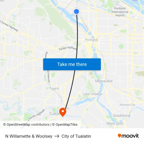 N Willamette & Woolsey to City of Tualatin map
