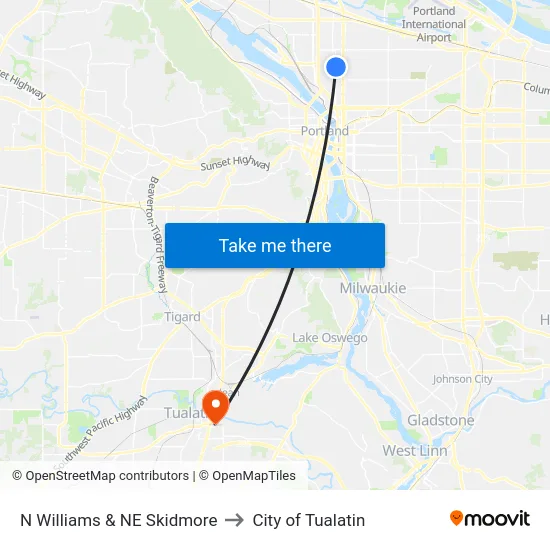 N Williams & NE Skidmore to City of Tualatin map