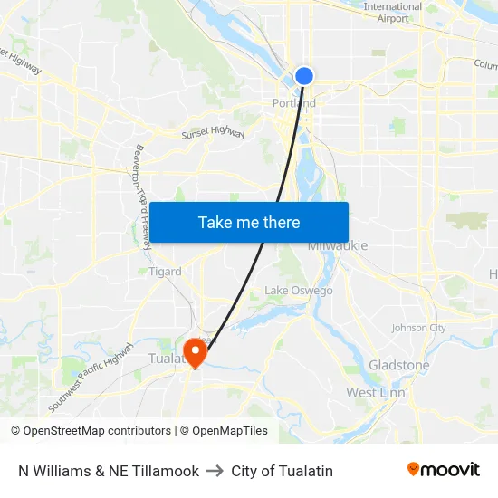 N Williams & NE Tillamook to City of Tualatin map
