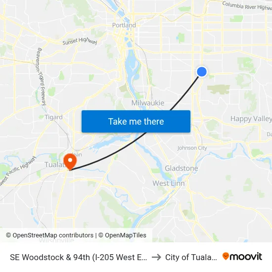 SE Woodstock & 94th (I-205 West End) to City of Tualatin map