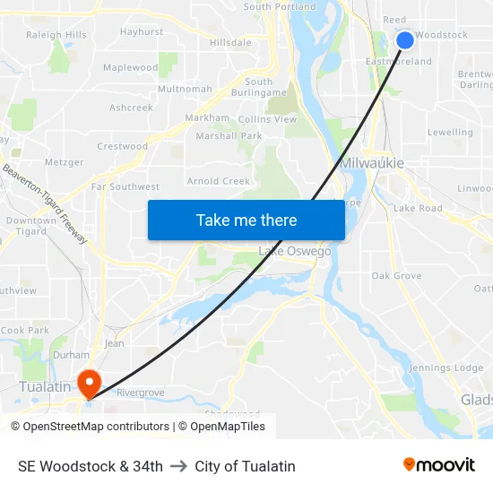 SE Woodstock & 34th to City of Tualatin map