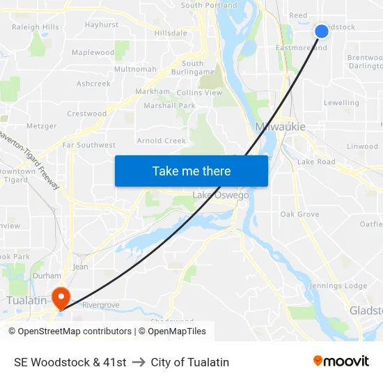 SE Woodstock & 41st to City of Tualatin map