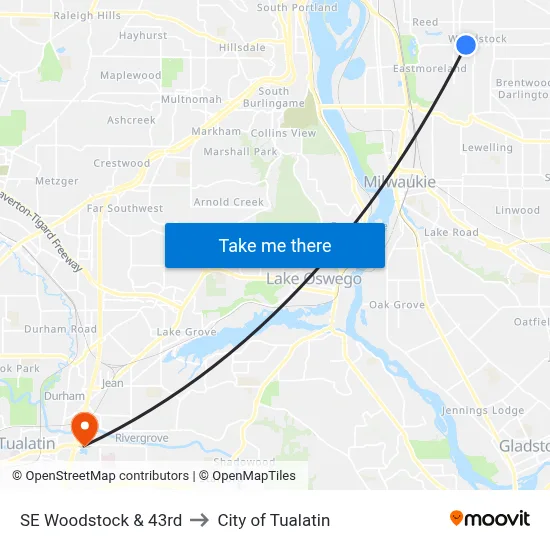 SE Woodstock & 43rd to City of Tualatin map