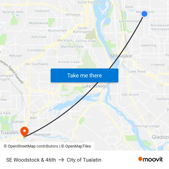 SE Woodstock & 46th to City of Tualatin map