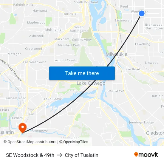 SE Woodstock & 49th to City of Tualatin map