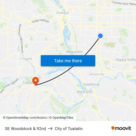 SE Woodstock & 92nd to City of Tualatin map
