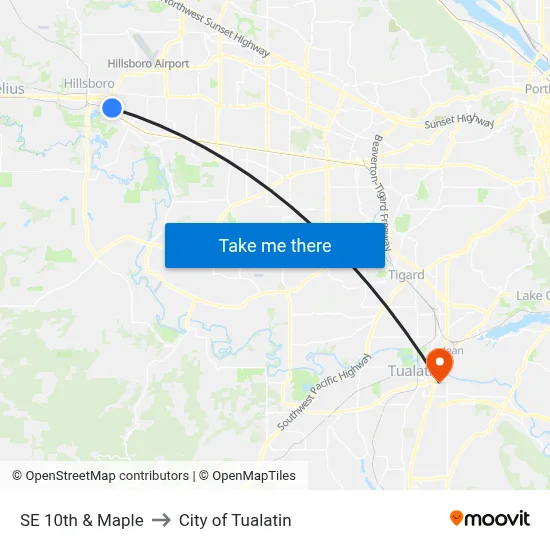 SE 10th & Maple to City of Tualatin map