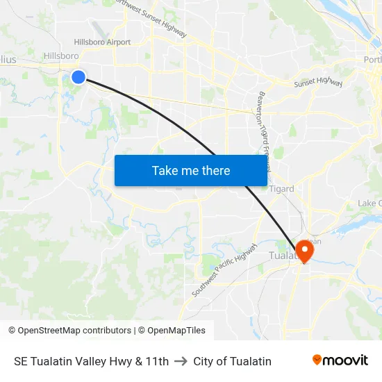 SE Tualatin Valley Hwy & 11th to City of Tualatin map