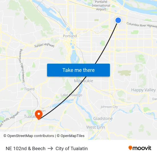 NE 102nd & Beech to City of Tualatin map