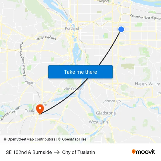 SE 102nd & Burnside to City of Tualatin map