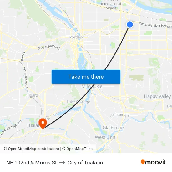 NE 102nd & Morris St to City of Tualatin map