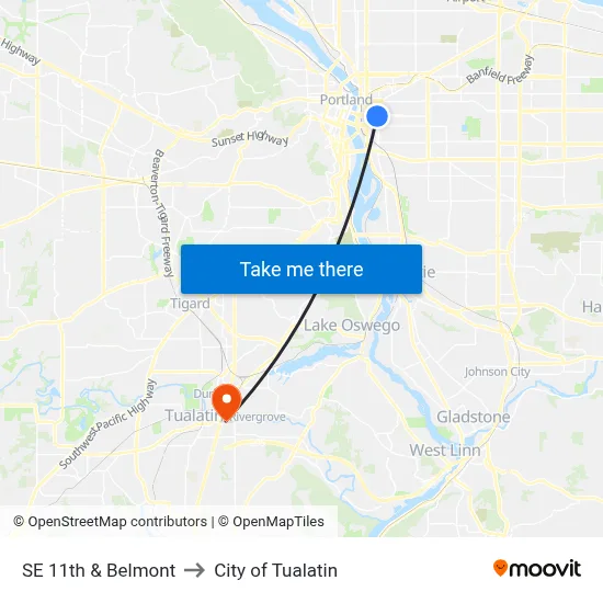 SE 11th & Belmont to City of Tualatin map