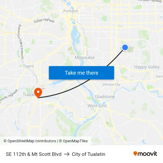 SE 112th & Mt Scott Blvd to City of Tualatin map