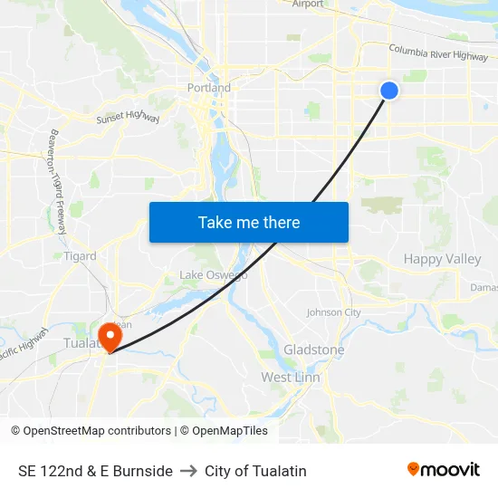 SE 122nd & E Burnside to City of Tualatin map