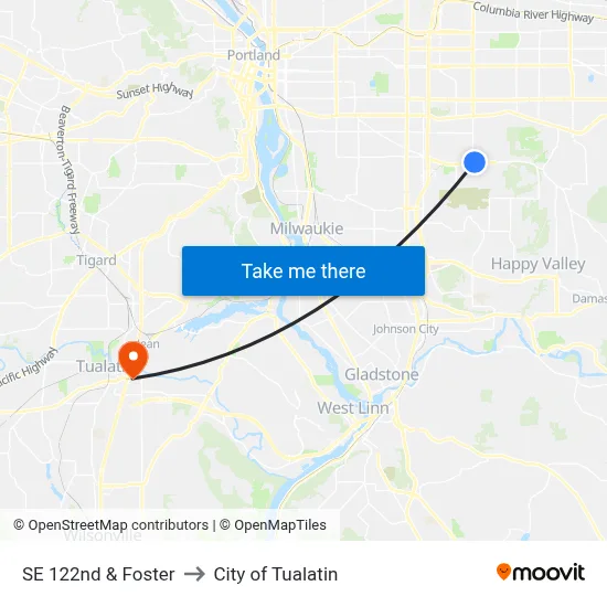 SE 122nd & Foster to City of Tualatin map