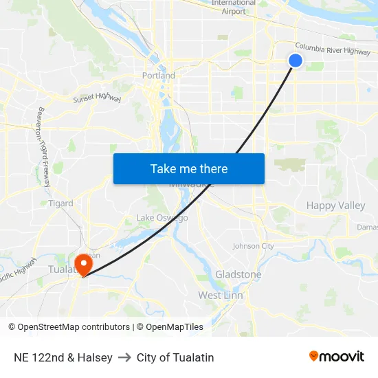 NE 122nd & Halsey to City of Tualatin map