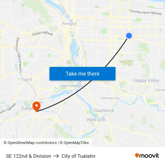 SE 122nd & Division to City of Tualatin map