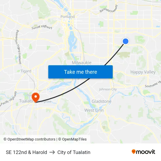 SE 122nd & Harold to City of Tualatin map