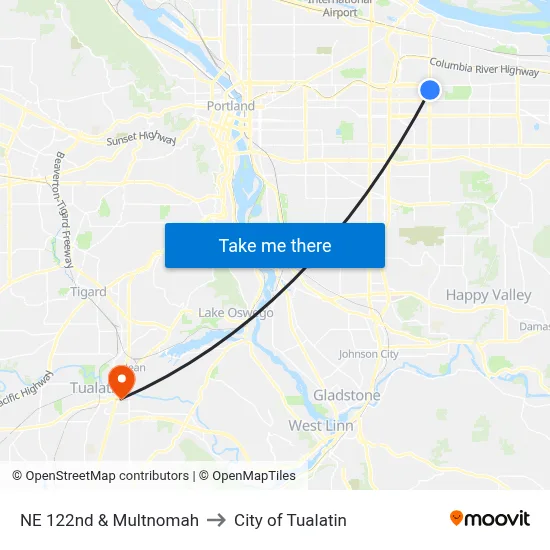 NE 122nd & Multnomah to City of Tualatin map