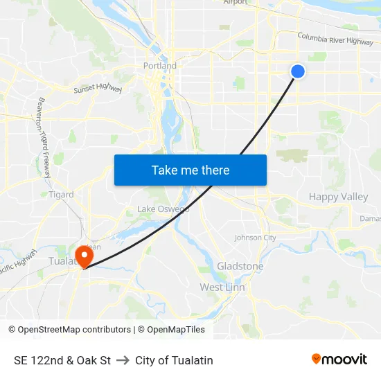 SE 122nd & Oak St to City of Tualatin map