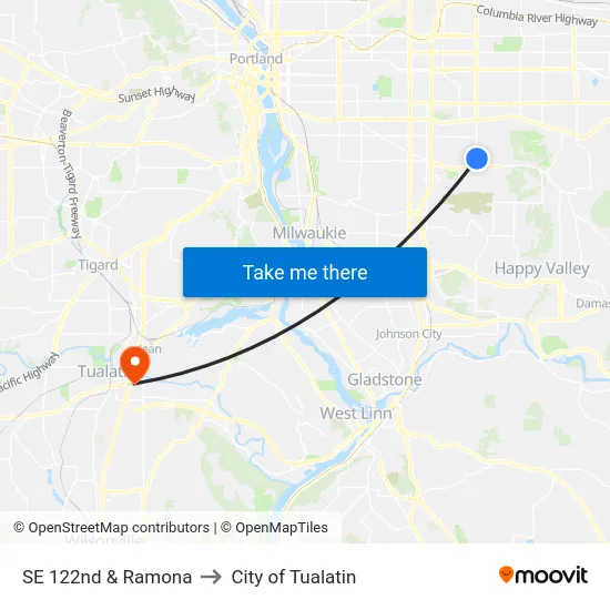 SE 122nd & Ramona to City of Tualatin map