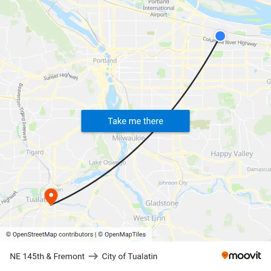 NE 145th & Fremont to City of Tualatin map