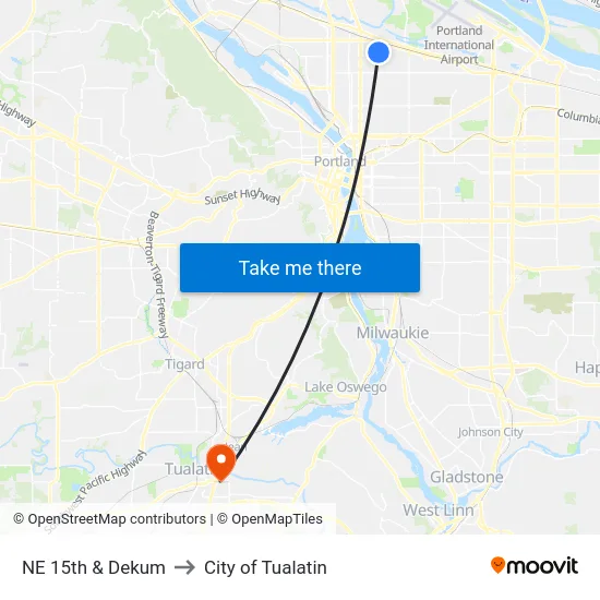 NE 15th & Dekum to City of Tualatin map