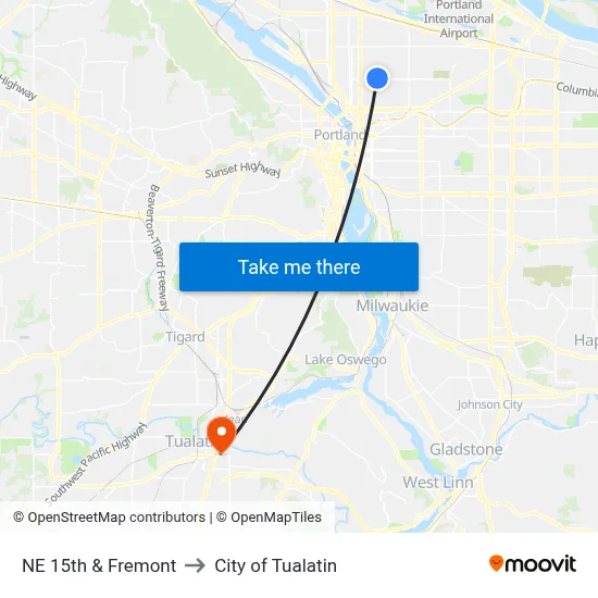 NE 15th & Fremont to City of Tualatin map