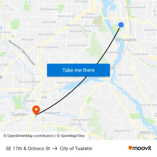 SE 17th & Ochoco St to City of Tualatin map
