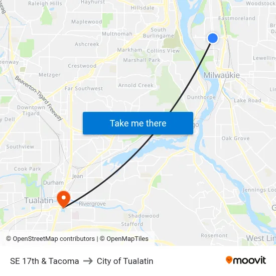 SE 17th & Tacoma to City of Tualatin map