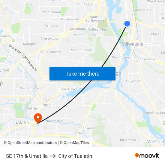 SE 17th & Umatilla to City of Tualatin map