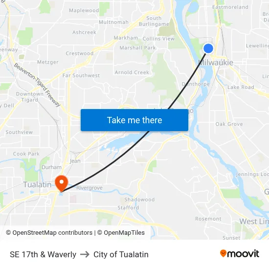 SE 17th & Waverly to City of Tualatin map