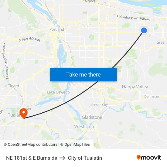 NE 181st & E Burnside to City of Tualatin map