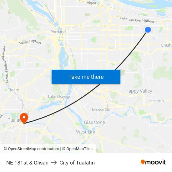 NE 181st & Glisan to City of Tualatin map