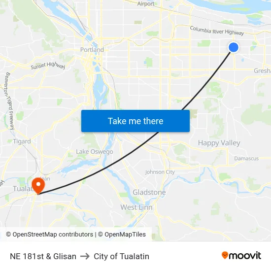 NE 181st & Glisan to City of Tualatin map