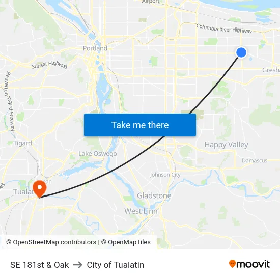 SE 181st & Oak to City of Tualatin map