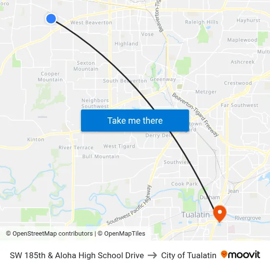 SW 185th & Aloha High School Drive to City of Tualatin map