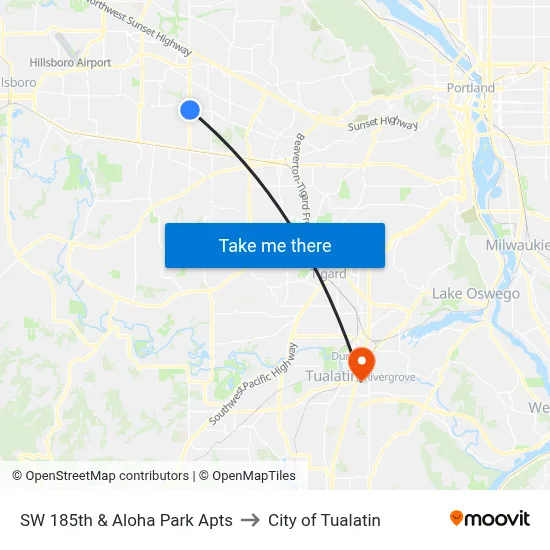 SW 185th & Aloha Park Apts to City of Tualatin map