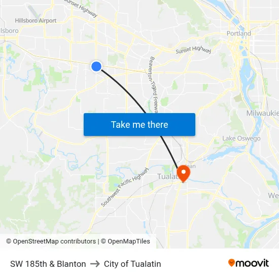 SW 185th & Blanton to City of Tualatin map