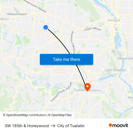 SW 185th & Honeywood to City of Tualatin map