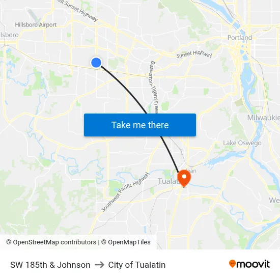 SW 185th & Johnson to City of Tualatin map