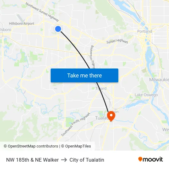 NW 185th & NE Walker to City of Tualatin map