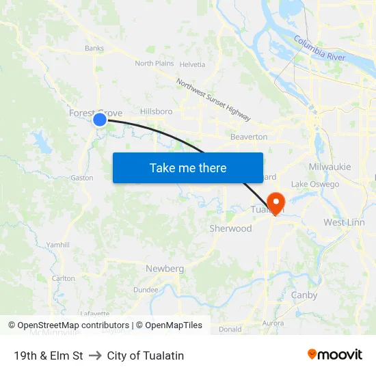 19th & Elm St to City of Tualatin map